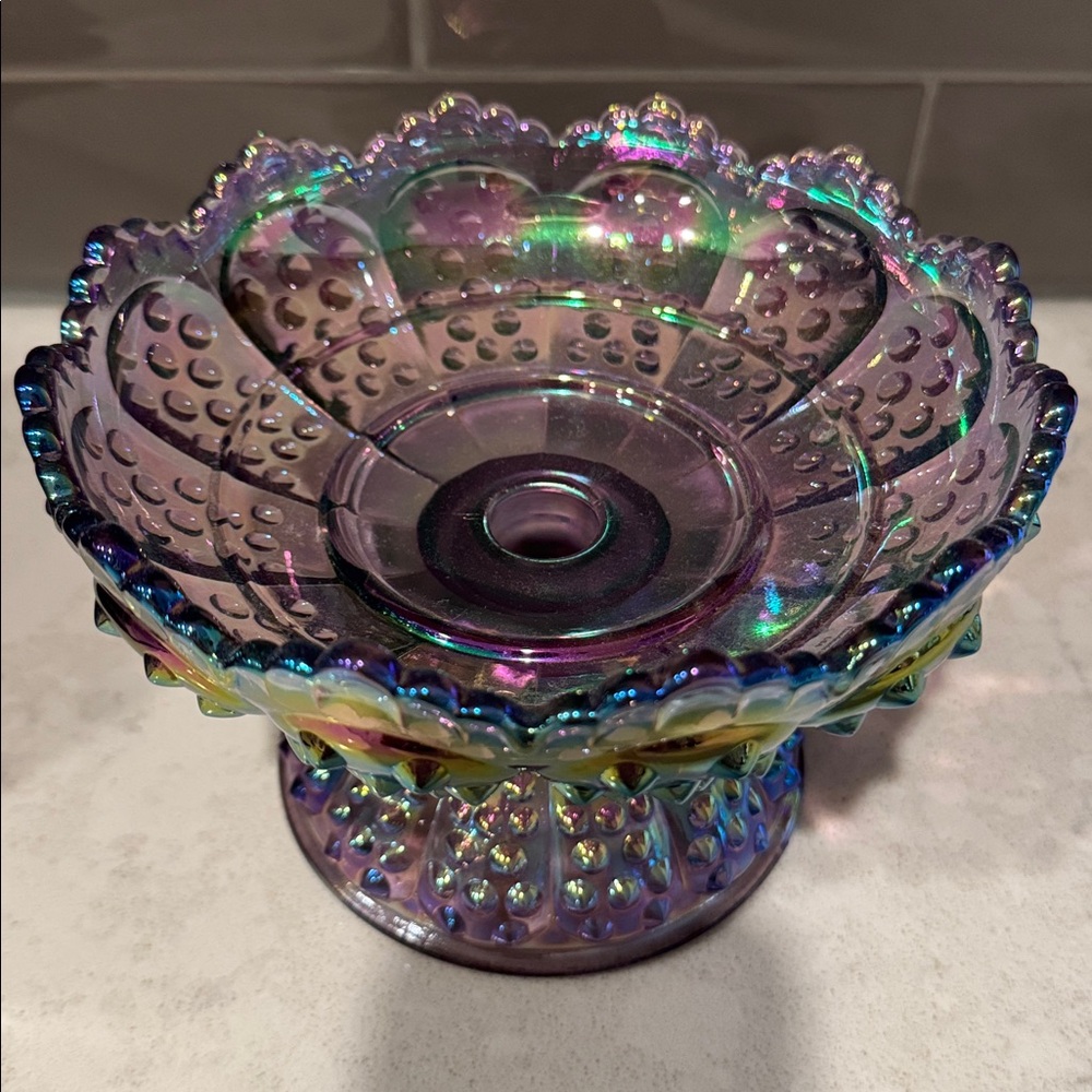 Fenton Hobnail Pedestal Candle Holder Center Piece in purple iridescent - Picture 2 of 6